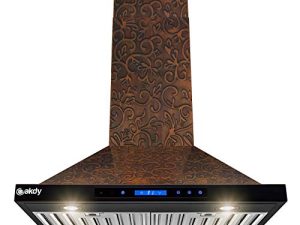 AKDY Island Mount Range Hood - Embossed Copper Hood Fan for Kitchen - 4-Speed Professional Quiet Motor - Premium Touch Control Panel - Elegant Vine Design - Baffle Filter (30 in.)