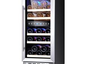 Phiestina Under Counter Wine Fridge 15 Inch Dual Zone Wine Cellar Built-in or Freestanding Wine Cooler Refrigerator with Frost Free Compressor Cooling System