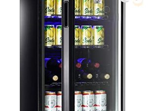 Beverage Refrigerator Cooler Mini Fridge Glass Door 100Can Beer Fridge Beverage Cooler Drinks Wines Juice Soda Cooler Adjustable Shelves Blue LED Lights Temp Control for Home Office Dorm 3.2 Cu. Ft