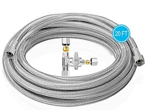 Fridge Water Line Kit - 20FT Premium Stainless Steel Braided Refrigerator Water Line with Tee Stop Valve