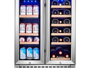 AAOBOSI 24 Inch Wine and Beverage Refrigerator - 19 Bottles & 57 Cans Capacity Wine Cooler with Dual Zone - Wine Fridge Built in Counter or Freestanding - 2 Safety Locks and Blue Interior Light