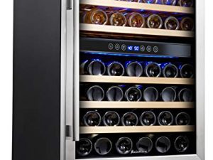 Kalamera 24'' Wine Cooler Refrigerator 46 Bottle Dual Zone Built-in or Freestanding Fridge with Stainless Steel & Triple-Layer Tempered Reversible Glass Door and Temperature Memory Function