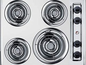 Summit ZEL03 24" Electric Cooktop with 4 Coil Elements Push-to-Turn Controls Chrome Drip Bowls and Recessed Top in Chrome